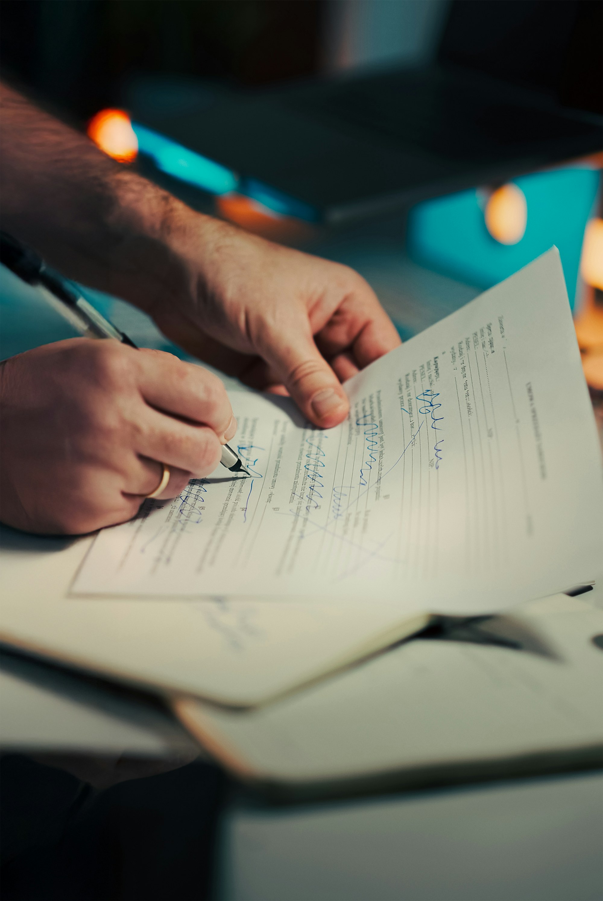 Hands working through an annotated agreement at a desk in low light