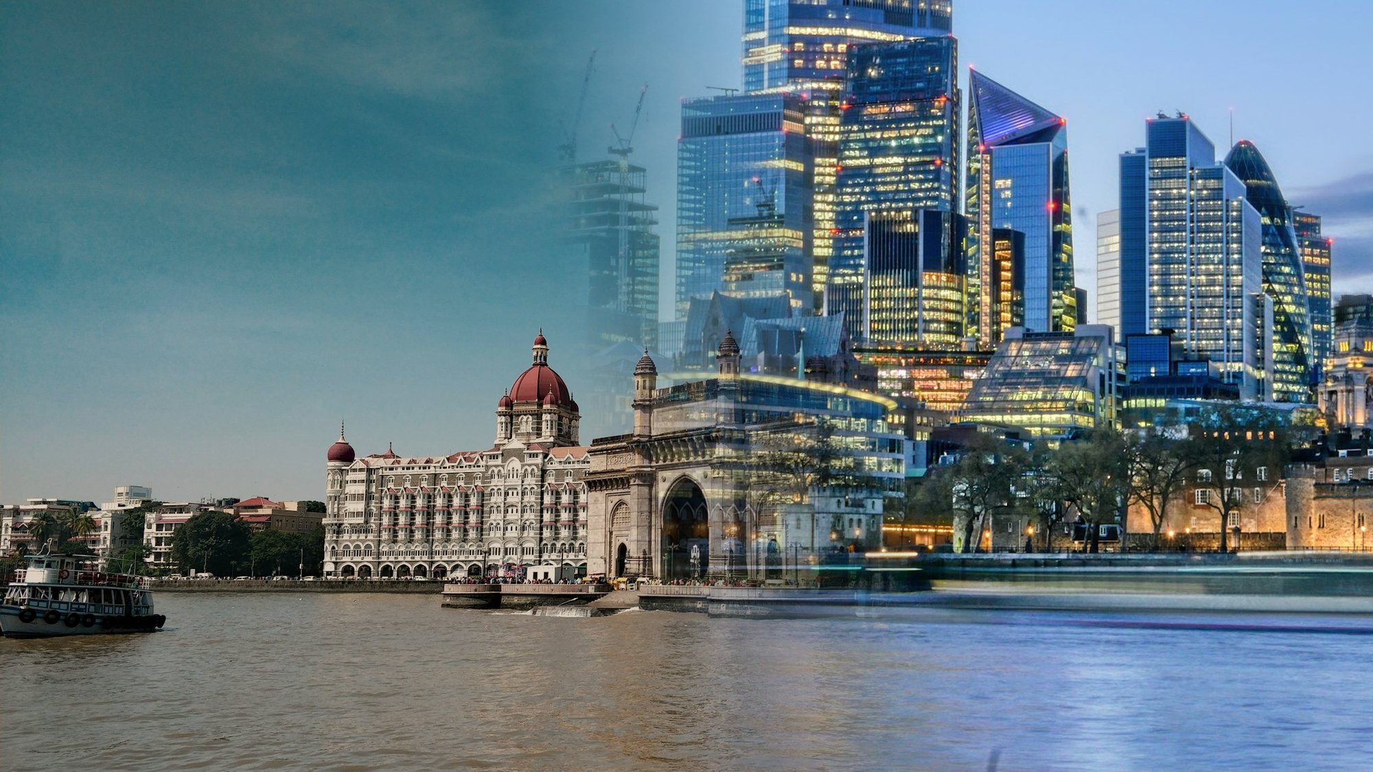The Gateway of India in Mumbai blending into the City of London skyline